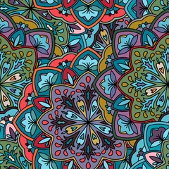 Zelfklevend Fotobehang Naadloze etnische patroon met bloemmotieven. Mandala gestileerde afdruksjabloon voor stof en papier. Indiaas of Arabisch motief. Boho festivalstijl. © tiena
