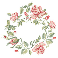 Red pink Roses Ebroidery design with Place for text on white. EPS Vector illustration