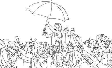 Fototapeta na wymiar Illustration of festival crowd partying in the rain with raised hands and umbrella