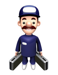 3D Repair Person Mascot holding a bag with both hands.