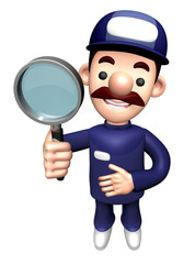 3D Repair Person Character is holding a Magnifying Glass.