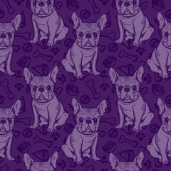 Seamless cute pattern with French bulldog. Home dog. Perfect for textiles or paper design.
