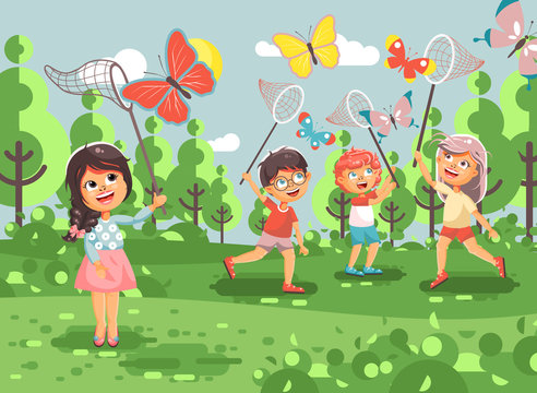 Vector illustration cartoon character children, young naturalists, biologist boys and girls catch colorful butterflies with nets, scoop-nets, hoop-nets on nature outdoor background in flat style