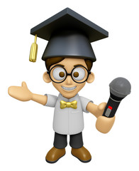 3D Scholar Man Mascot the hand is holding a Microphone. Work and Job Character Design Series 2.