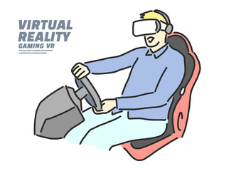 Virtual Reality gaming VR Game Racing, line drawing illustration in various poses, line drawing vector illustration graphic design