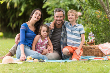 Fototapeta premium Wesoła rodzina siedzi na trawie podczas pikniku un w parku