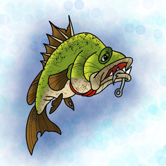 Big angry fish. Tattoo design. Cartoon illustration, hand drawn style.