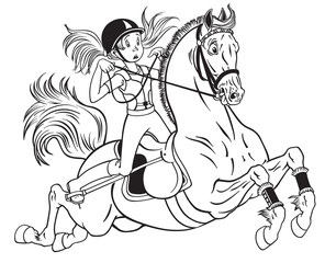 cartoon little girl riding a pony horse. Black and white vector illustration 