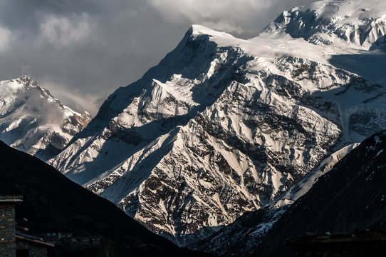 Sunset light on the north side of the Gangapurna mountain in the anapurna's circuit