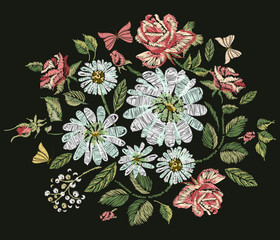Roses and Daisy Embroidery Design. EPS Vector illustration