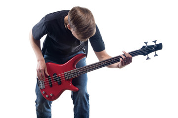 Young man playing bass guitar