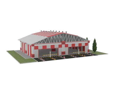 Warehouse building. Hangar. Loading, delivery and storage. The isolated building on a white background. 3D rendering