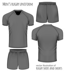 Rugby uniform in black: jersey and shorts. Vector illustration.
