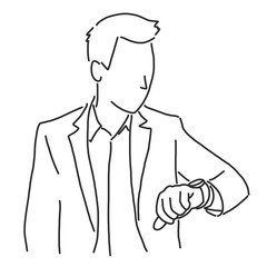 Businessman is standing and take a look on his watch, line drawing vector illustration graphic design