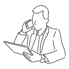 Businessman with a tablet, is making a phone call and checking his work on a tablet, line drawing vector illustration graphic design