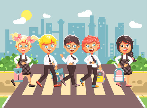 Vector illustration cartoon characters children, observance traffic rules, boys and girl schoolchildren classmates go to road pedestrian crossing, city background, back to school flat style