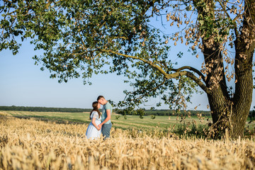 Romantic Pregnant couple kissing in a wheat field. Pregnant woman standing with her husband holding big belly with baby inside in nature on a beautiful sunny day