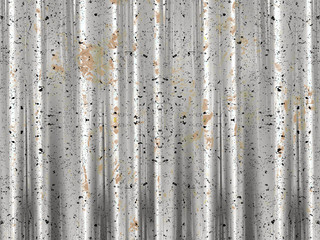 A pleated silver white satin shower curtain closeup with ink and paint splashes design