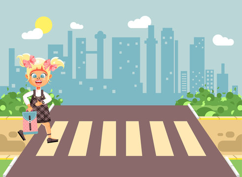 Vector illustration cartoon characters child, observance traffic rules, lonely blonde girl schoolchild, pupil go to road pedestrian crossing, on city background, back to school in flat style