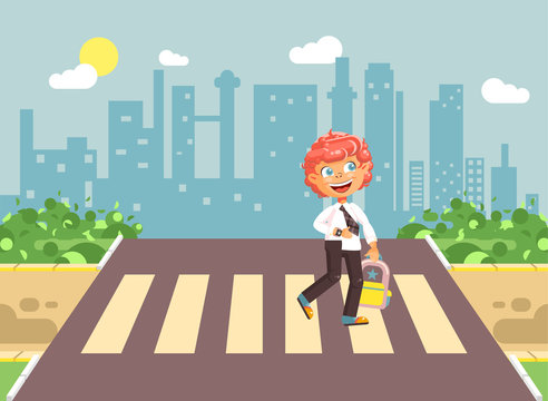 Vector illustration cartoon characters child, observance traffic rules, lonely redhead boy schoolchild, pupil go to road pedestrian crossing, on city background, back to school in flat style