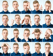 Set of young man's portraits with different emotions and gestures