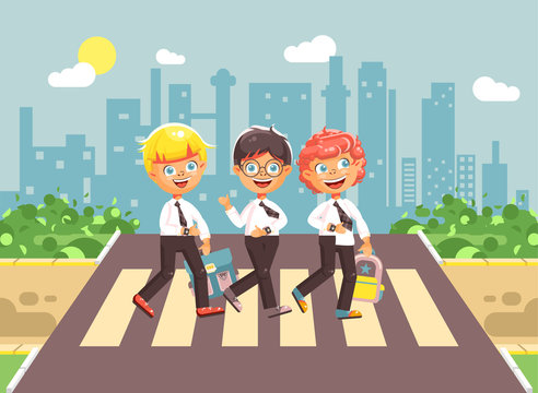 Vector illustration cartoon characters children, observance traffic rules, boy schoolboys, classmates pupils go to road pedestrian zone crossing, on city background, back to school in flat style