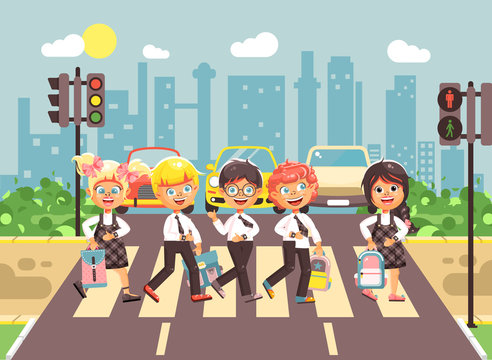 Vector illustration cartoon characters children, observance traffic rules, boys and girls schoolchildren classmates go to road pedestrian zone crossing, city background back to school flat style