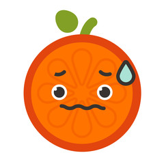 Worry emoji. Worrying orange fruit emoji with drop of sweat. Vector flat design emoticon icon isolated on white background.