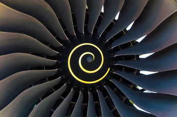 Rotating blades of the blade in the aircraft engine close up