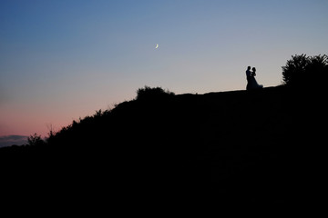 Romantic scene. Couple of lovers embracing under the Moon.
