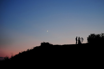 Fototapeta premium Romantic scene. Couple of lovers embracing under the Moon.