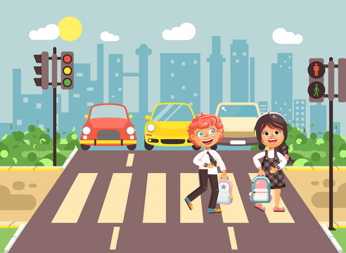 Vector illustration cartoon characters children, observance traffic rules, boy and girl schoolchildren classmates go to road pedestrian zone crossing, city background back to school flat style
