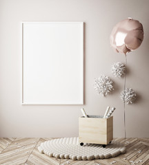 mock up poster in interior background with party decoration, 3D render. 3D illustration