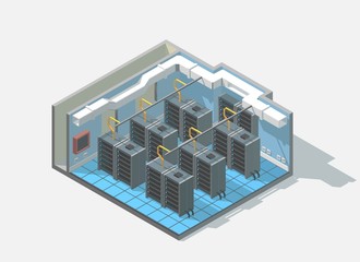 Vector isometric low poly bit coin cryptocurrency mining block chain data center cutaway icon. Computer Administration room includes server and cables