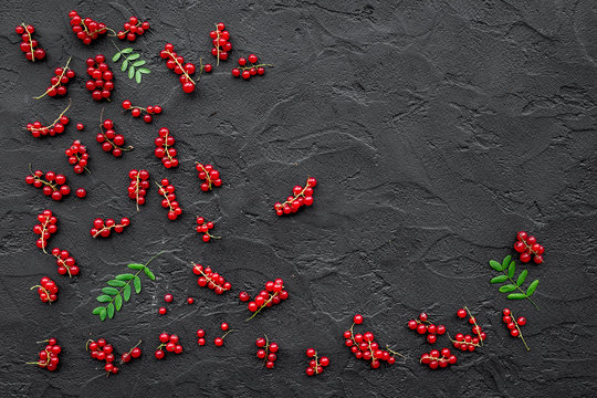 Berry theme. Red currant and leaves on black table background top view copyspace