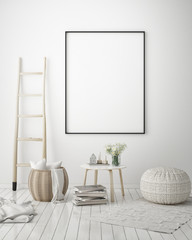 mock up poster frame in hipster interior background, scandinavian style, 3D render, 3D illustration