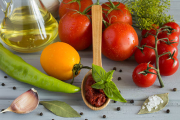 Tomato paste in the spoon and vegetables on the grey wooden background 