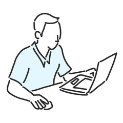 man with working on a laptop computer, checking email and searching on the internet. line drawing vector illustration graphic design