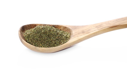 Dry marjoram in wooden spoon isolated on white background