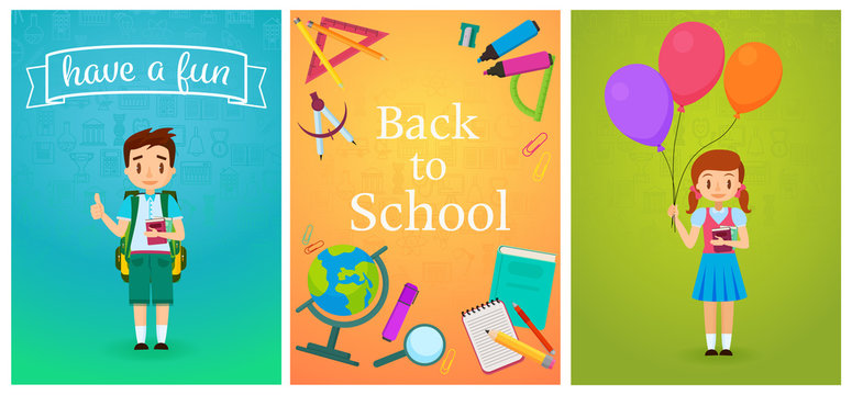 Welcome back to school. Cute school pupils kids templates and baners. Pupil Boy with backpack and girl with ballons. School study equipment cartoon vector illustration.