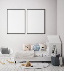 mock up poster frames in children bedroom, Scandinavian style interior background, 3D render, 3D illustration