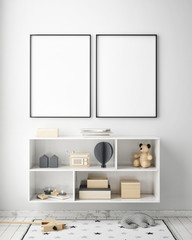 mock up poster frames in children bedroom, Scandinavian style interior background, 3D render, 3D illustration