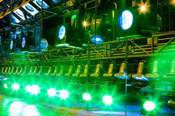 Lighting equipment on the stage. Multi-colored lights.