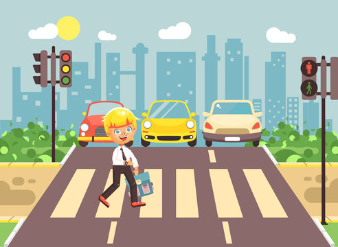 Vector illustration cartoon character child, observance traffic rules, lonely blonde boy schoolchild schoolboy go to road pedestrian zone crossing, city background back to school flat style