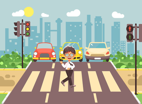 Vector illustration cartoon character child, observance traffic rules, lonely brunette boy schoolchild schoolboy go to road pedestrian zone crossing, city background back to school flat style