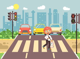 Vector illustration cartoon character child, observance traffic rules, lonely redhead boy schoolchild schoolboy go to road pedestrian zone crossing, city background back to school flat style