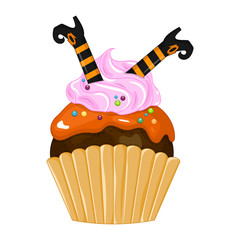 Vector illustration of a Halloween purple cupcake isolated white background. Happy Halloween scary sweets. Sweet boots witch.