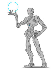 Robotic humanoid android. Line art vector illustration