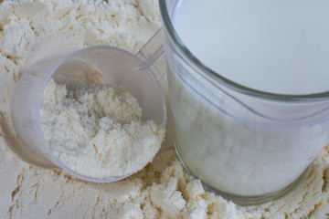 Whey protein wih scoop and milk