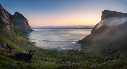 Scenic view from Kvalvika beach, Lofoten, Norway at summer night